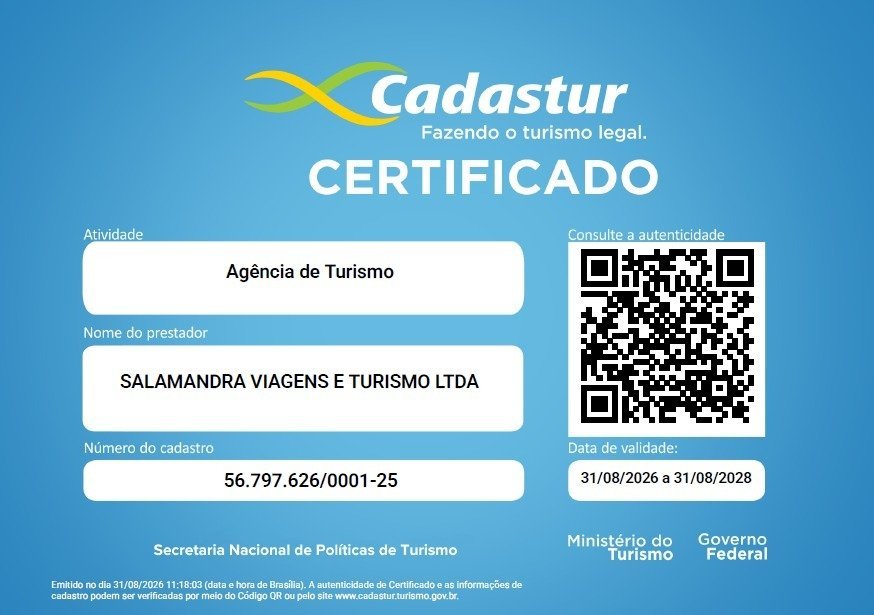 Certificado Cadastur da Salamandra Viagens e Turismo Ltda, agência de turismo cadastrada no Ministério do Turismo, válido de 31/08/2026 a 31/08/2028